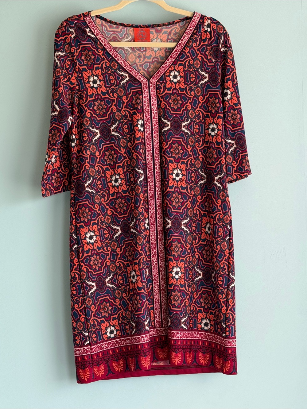 Tracy Negoshian Women’s Medium Printed Shift Dress 3/4 Sleeve Geometric Boho